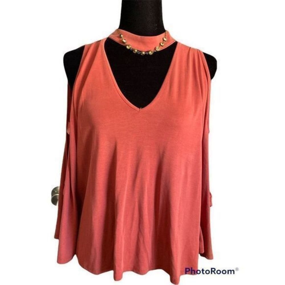 Gianni Bini rust red key hole cute out ladder‎ sleeve flowy blouse small